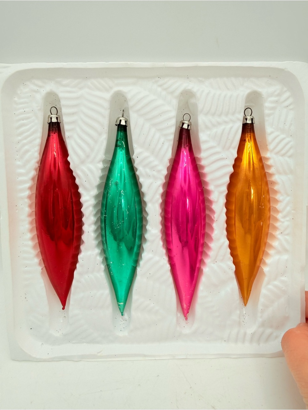 Set of Four Faceted Teardrop Holiday Ornaments - Red, Green, Pink, Orange